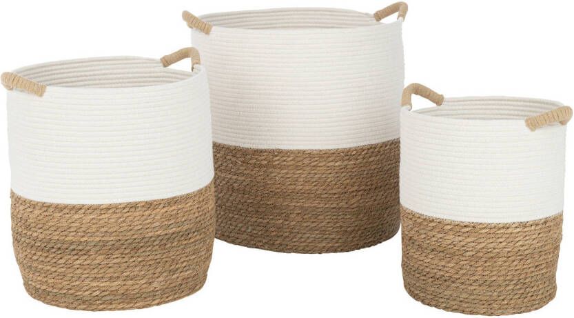 J-Line Set Van 3 Mand Rond Handvatten Textiel Wit naturel 37x38x45cm