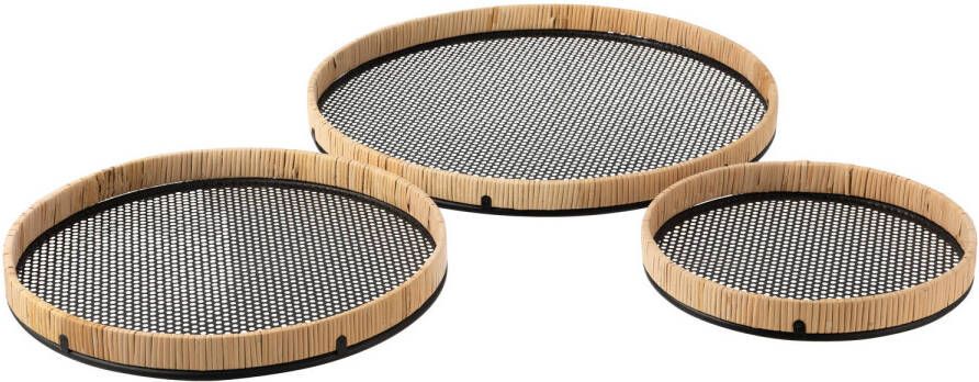 J-Line Set Van 3 Plateaus Rond Metaal rotan Zwart naturel 50x50x4cm