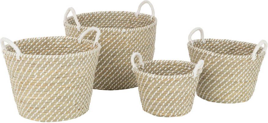 J-Line Set Van 4 Mand Rond Handvatten Stro Naturel wit 47x48x42cm