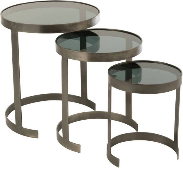 J-Line Set Van Drie Bijzettafels Rond Ijzer glas Grijs 45x45x54cm