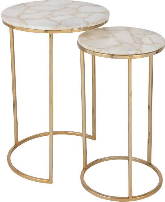 J-Line Set Van Twee Bijzettafels Kwarts Steen metaal Wit goud 35.5x35.5x61cm