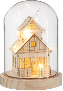 J-Line Stolp Winter Led Huis Hout glas Naturel 13x13x18cm