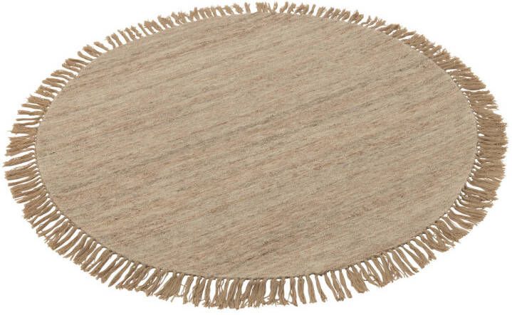 J-Line Tapijt Rond+franjes Tweekleurig Weefsel Wol Beige Small 150x150x2cm