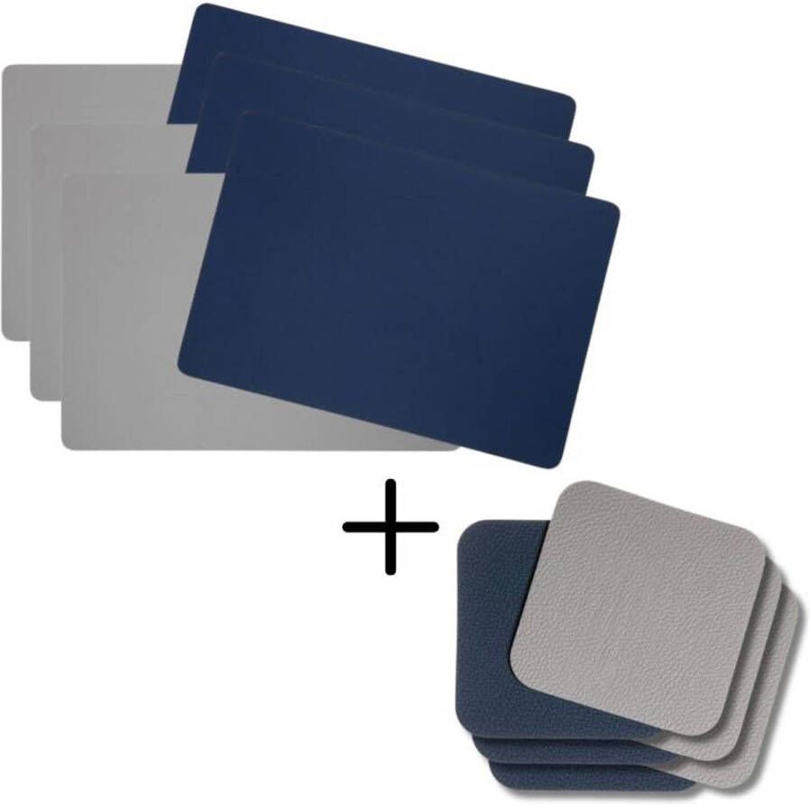 Jay Hill 6 Placemats + 6 Onderzetters Rechthoek Vegan leer Blauw Grijs