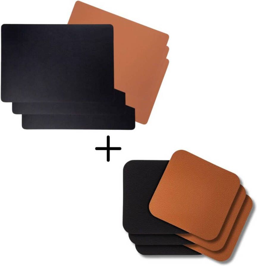 Jay Hill 6 Placemats + 6 Onderzetters Rechthoek Vegan leer Zwart Cognac