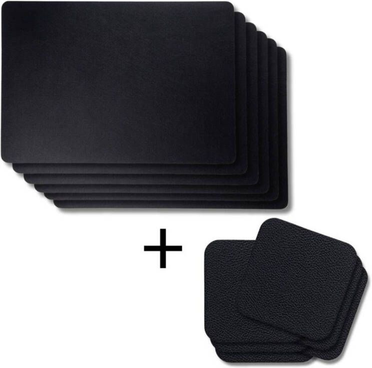 Jay Hill 6 Placemats + 6 Onderzetters Vegan leer Zwart