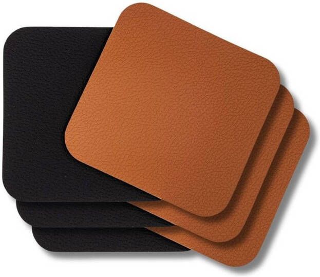 Jay Hill Onderzetters Vegan leer Zwart Cognac dubbelzijdig 10 x 10 cm 6 stuks