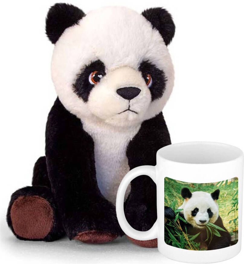 Keel Toys Cadeauset kind Panda knuffel 25 cm en Drinkbeker mol Panda 300 ml Knuffeldier