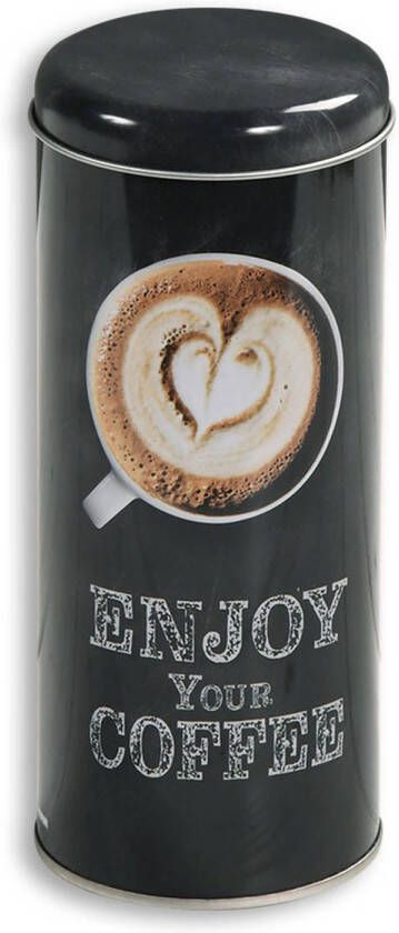 Kesper Koffie bewaarblik voor pads Enjoy your coffee metaal zwart drukdeksel D8 x H17 cm Voorraadblikken