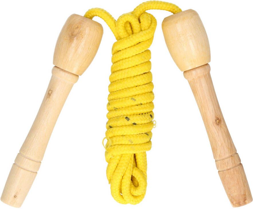 Kids Fun Springtouw speelgoed met houten handvat geel 240 cm buitenspeelgoed Springtouwen