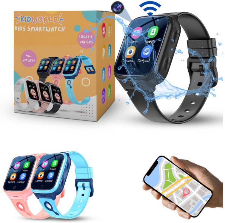 KidWorld Smartwatch Kinderen Zwart Met HD-camera GPS en 4G Verbinding 1000 mAh Batterij