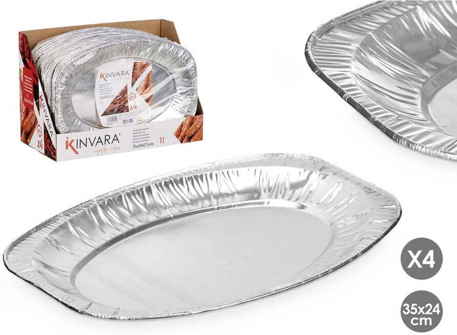 Kinvara Aluminium BBQ verjaardag hapjes serveerschalen zilver 4x stuks 35 x 24 cm wegwerp Snack en tapasschale