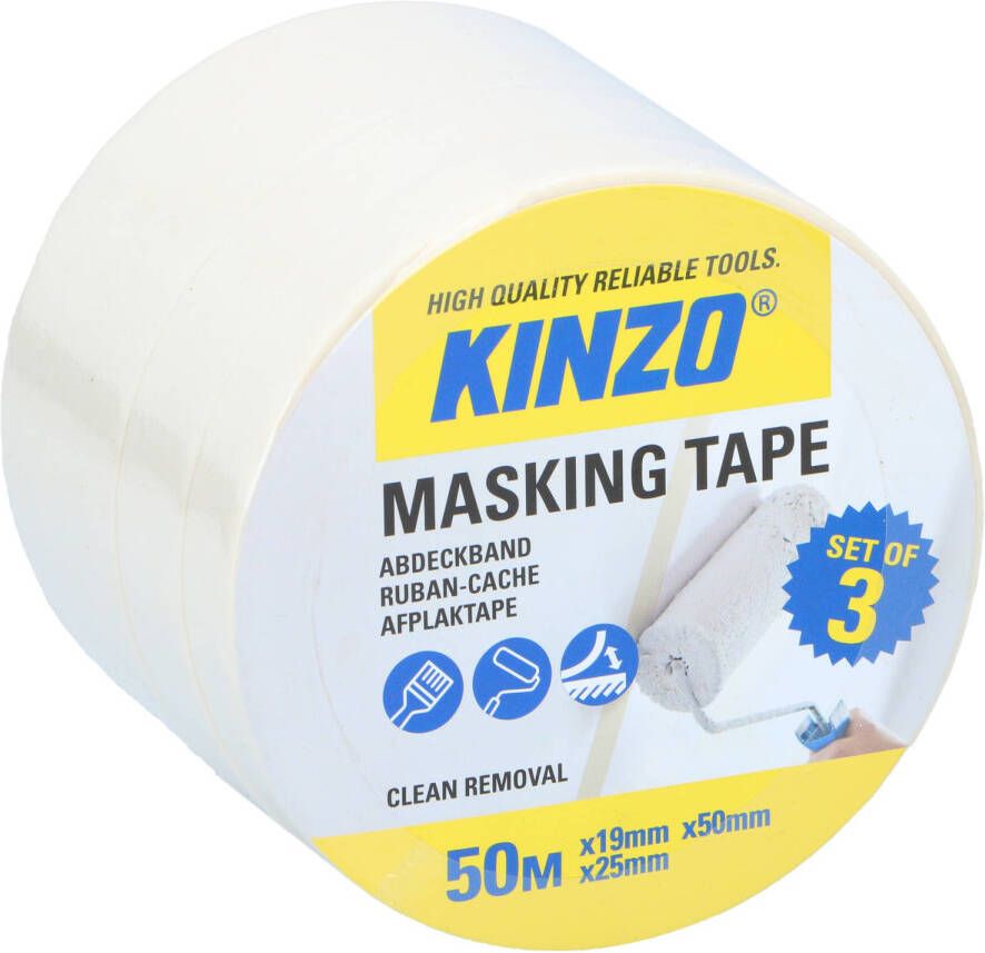 Kinzo Afplaktape schilderstape 3x verschillende maten wit 19 25 50mm x 5m binnen buiten Tape (klussen)