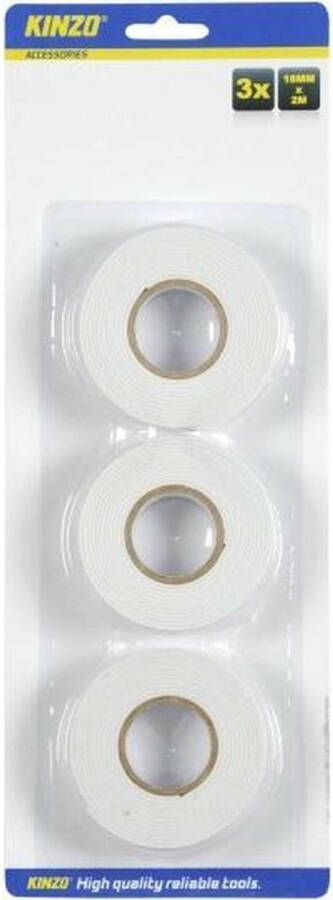 Kinzo Dubbelzijdig tape plakband wit set met 3x rollen van 2 meter 18 mm breed Tape (klussen)