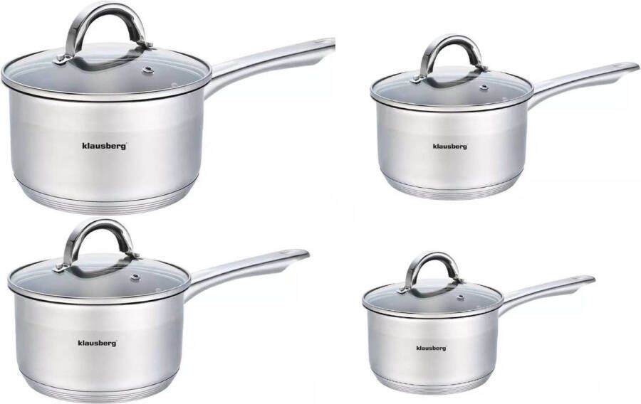 Klausberg 4 x steelpan sauspan steelpan met glazen deksel Ø12 Ø14 Ø16 en Ø18 cm RVS 0 5 1 5 en 2 1 liter