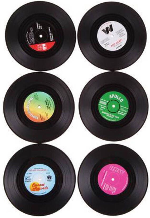 Knaak Retro LP Vinyl Onderzetters 6 stuks Zwart