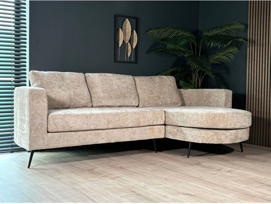 Lizzely Garden & Living Hoekbank rond design Nox 250cm bank met ronding taupe chenille bankstel rechts loungebank