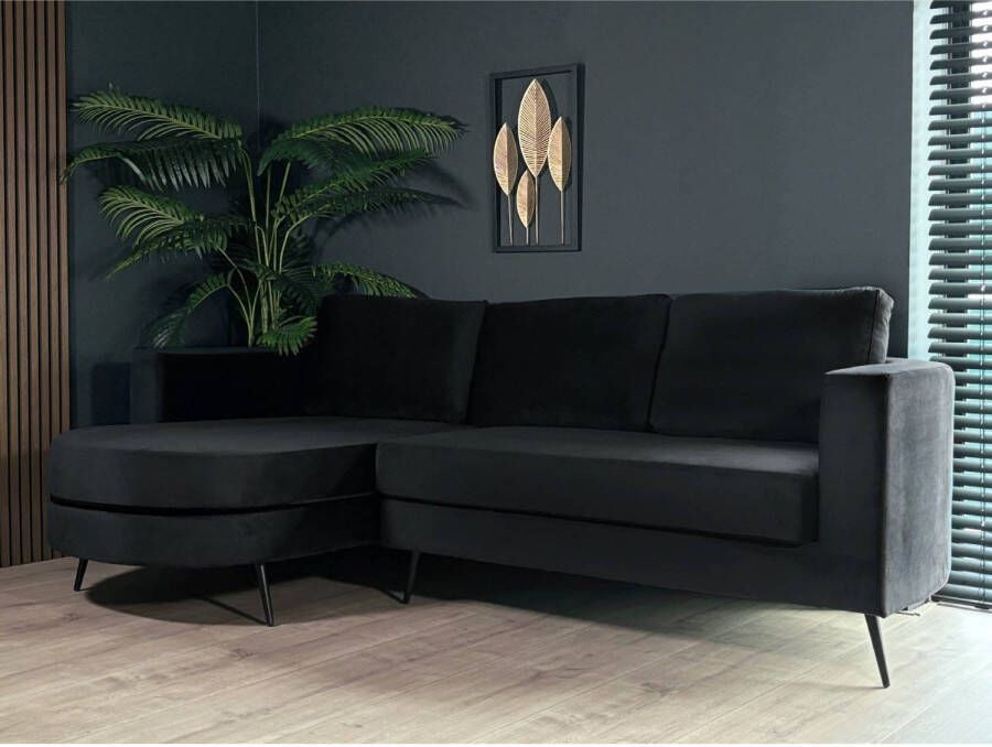 Lizzely Garden & Living Hoekbank rond design Nox 250cm bank met ronding zwart velvet bankstel links loungebank