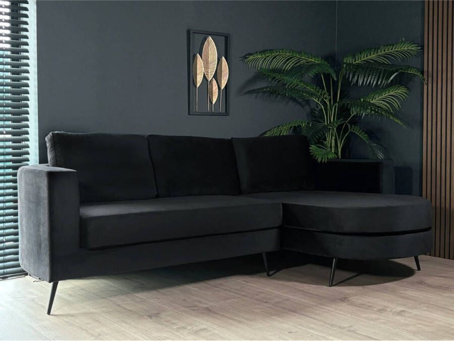 Lizzely Garden & Living Hoekbank rond design Nox 250cm bank met ronding zwart velvet bankstel rechts loungebank