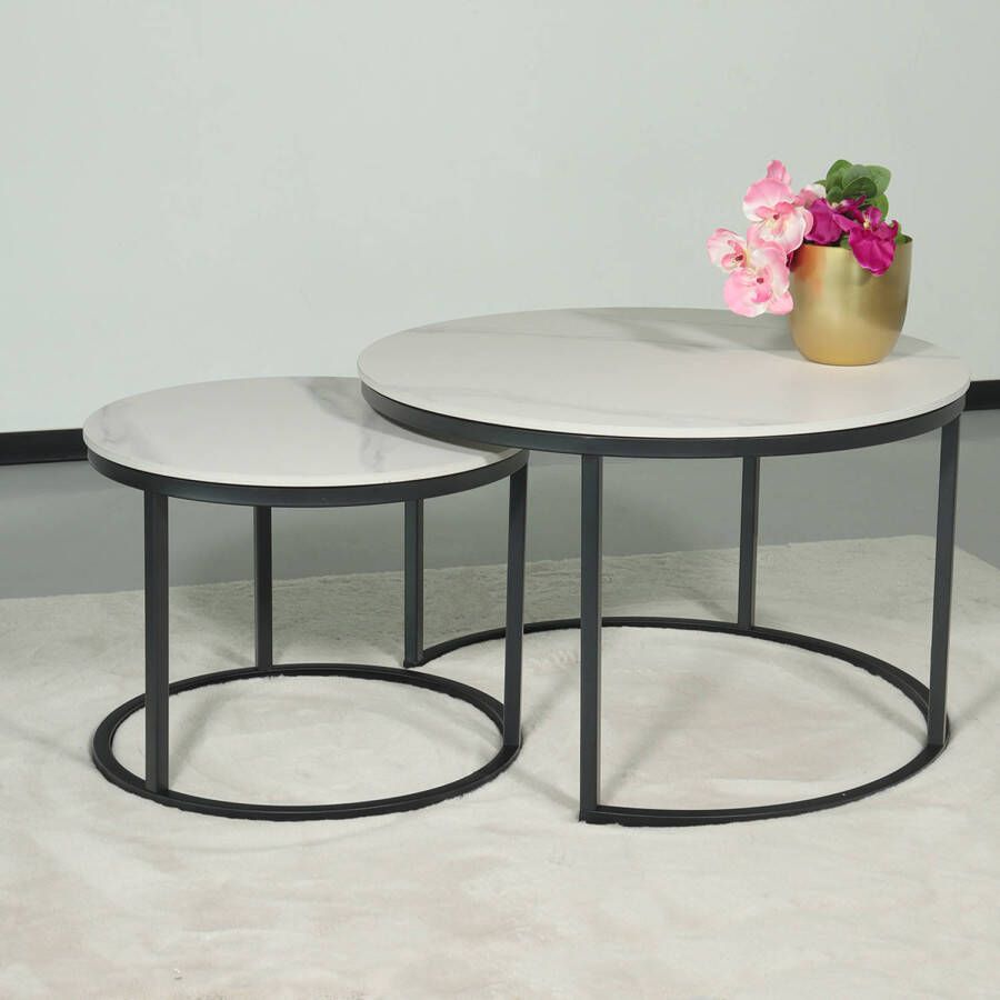 Lizzely Garden & Living Salontafel rond 2delig marmerlook Bero wit side table steen bijzettafel