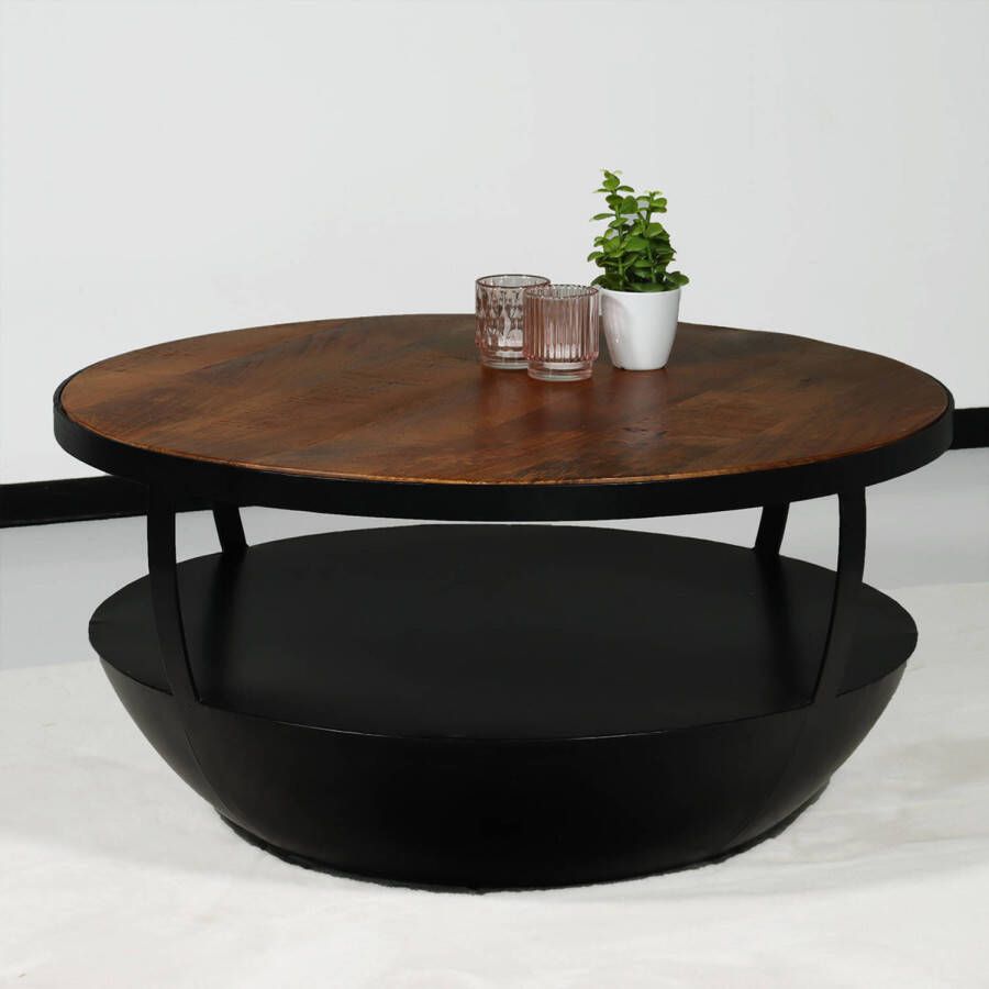 Lizzely Garden & Living Salontafel rond mangohout Kayleigh 80x80 bruin side table industrieel bijzettafel mango hout