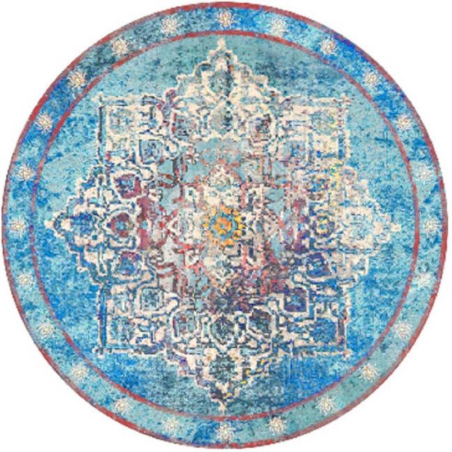 Lizzely Garden & Living Vloerkleed rond vintage 140cm wit lichtblauw perzisch oosters tapijt