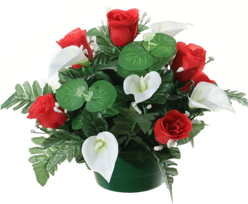 Louis Maes Kunstbloemen plantje in pot wit rood 26 cm Bloemstuk ornament rozen met bladgroen Kunstbloemen