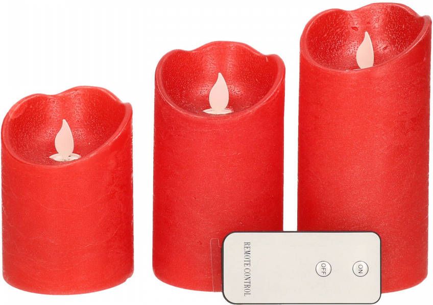 Lumineo Kaarsen set van 3x stuks led stompkaarsen rood met afstandsbediening Woondecoratie Elektrische kaarsen