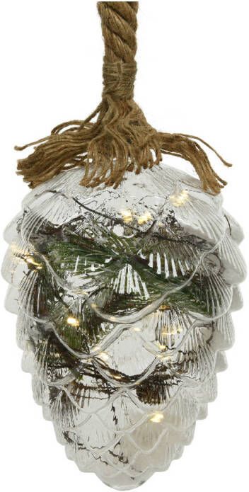 Lumineo Kerst Dennenappel Met Jute Touw En 15 Led Lampjes 15cm Helder Glas