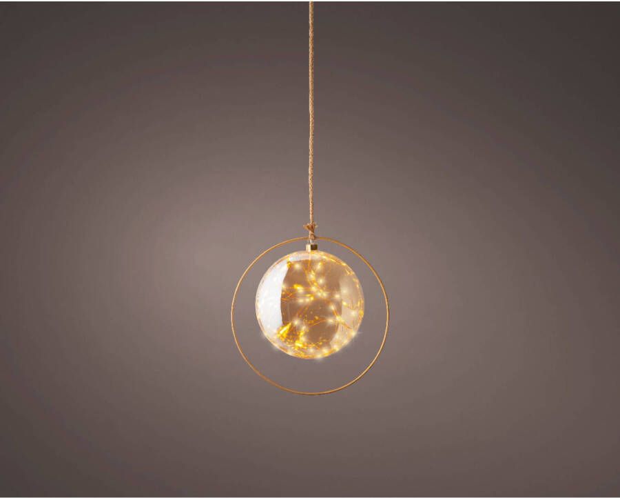 Lumineo Kerstbal met jute touw en koperen ring 40 LED lampjes 26cm Amber glas