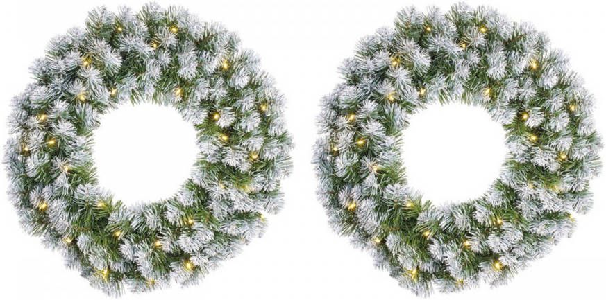 Mica Decorations Set Van 2x Stuks Kerstkransen deurkransen Groen Met Verlichting 30 Lampjes En Sneeuw 60 Cm Kerstkransen