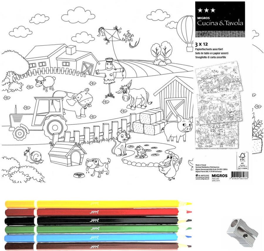 Migros 216 papieren placemats kleurplaten 3 Designs 6 x 6 kleurpotloden 6 puntenslijpers 42 x 30 cm