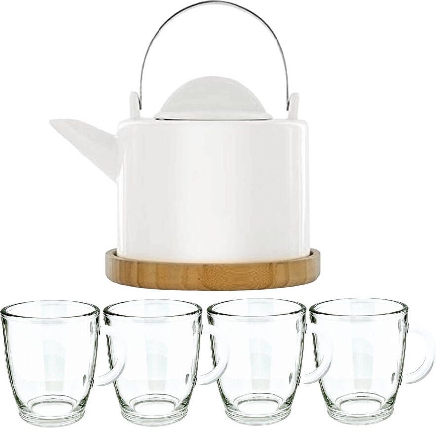 Migros Cucina & Tavola Porseleinen theepot met infuser 1200ml Incl 4 Theeglazen 300ML