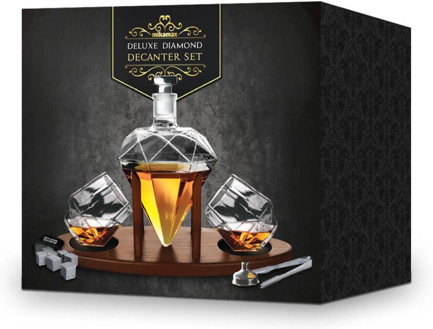 MikaMax Diamant Whiskey Decanter Deluxe Uitvoering Houten Plateau Incl. Whiskey Glazen Whiskey Stones Trechter en
