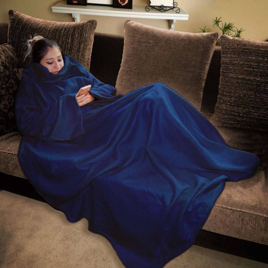 MikaMax Snuggie Rug Plaid Fleece Deken Deken Met Mouwen Hoodie Deken Warmtedeken voor Volwassen en Kinderen 150 x 215 cm Blauw