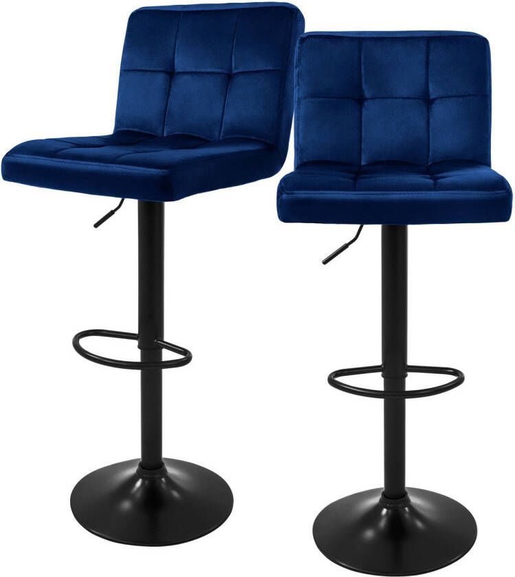 ML-Design Barkruk set van 2 blauw fluwelen bekleding met rugleuning en voetensteun in hoogte verstelbaar 63-83cm