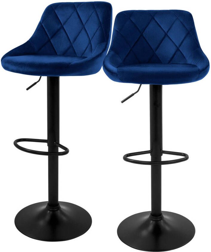 ML-Design Barkruk set van 2 blauw fluwelen bekleding met rugleuning en voetensteun in hoogte verstelbaar 62-82cm