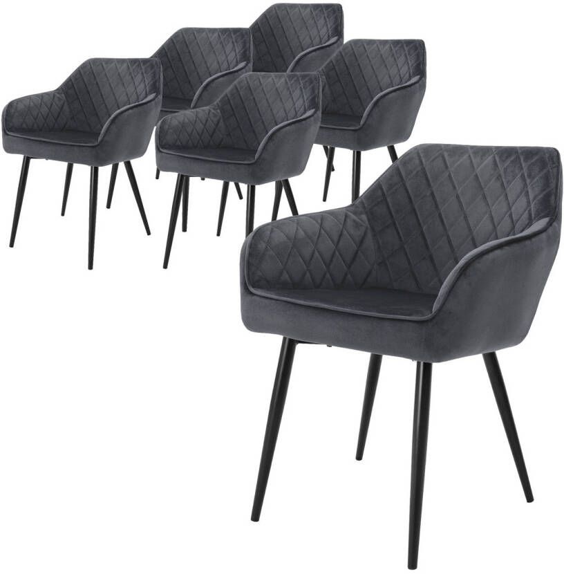 ML-Design ECD Germany Set van 6 Eetkamerstoelen met Armleuningen en Rugleuning Antraciet Keukenstoel met Fluwelen Bekleding