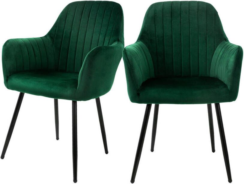 ML-Design Eetkamerstoelen met rugleuning & armleuning set van 2 groen met fluwelen bekleding en metalen poten