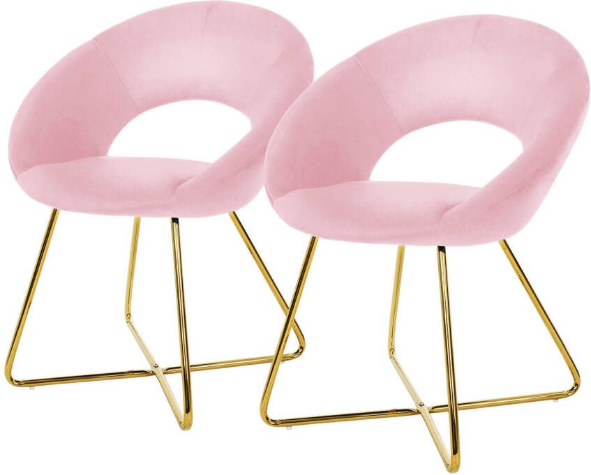 ML-Design eetkamerstoelen set van 2 roze fluweel woonkamerstoel met ronde rugleuning gestoffeerde stoel met gouden