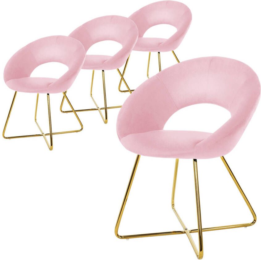 ML-Design eetkamerstoelen set van 4 roze fluweel woonkamerstoel met ronde rugleuning gestoffeerde stoel met gouden