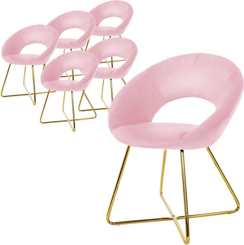 ML-Design eetkamerstoelen set van 6 roze fluweel woonkamerstoel met ronde rugleuning gestoffeerde stoel met gouden