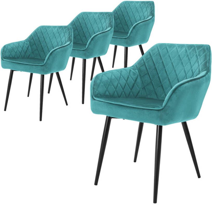 ML-Design Set van 4 eetkamerstoelen met armleuning en rugleuning turquoise keukenstoel met fluwelen bekleding