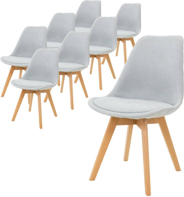 ML-Design set van 8 eetkamerstoelen met rugleuning grijs Scandinavische retro gestoffeerde stoelen met beukenhouten