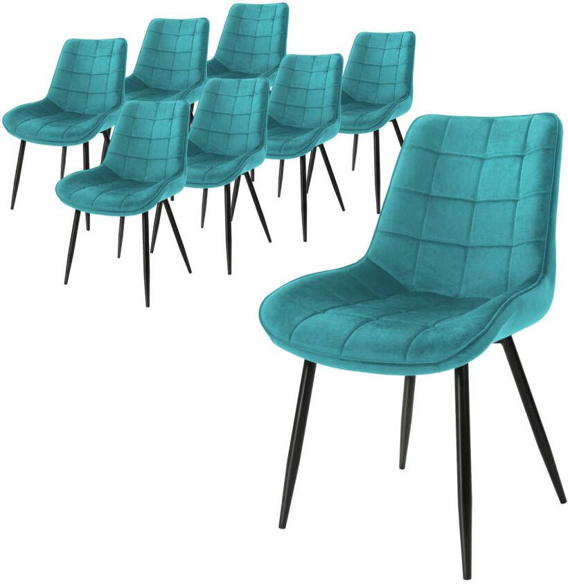 ML-Design Set van 8 eetkamerstoelen met rugleuning turquoise keukenstoel met fluwelen bekleding gestoffeerde stoel