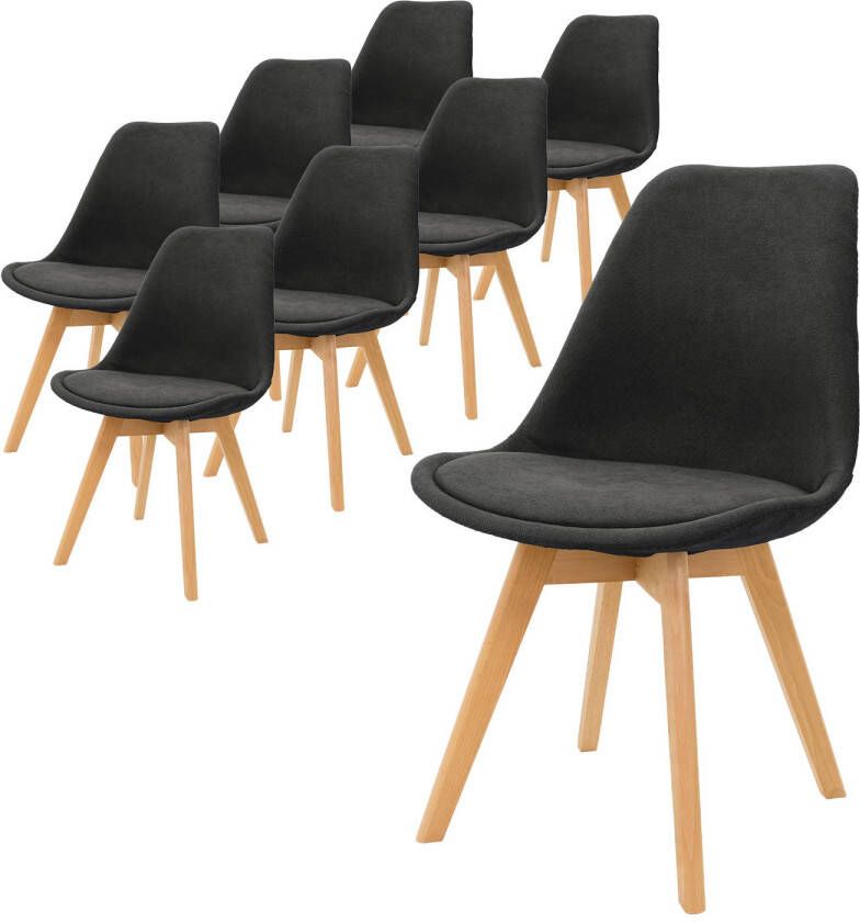 ML-Design set van 8 eetkamerstoelen met rugleuning zwart Scandinavische gestoffeerde stoelen met beukenhouten poten