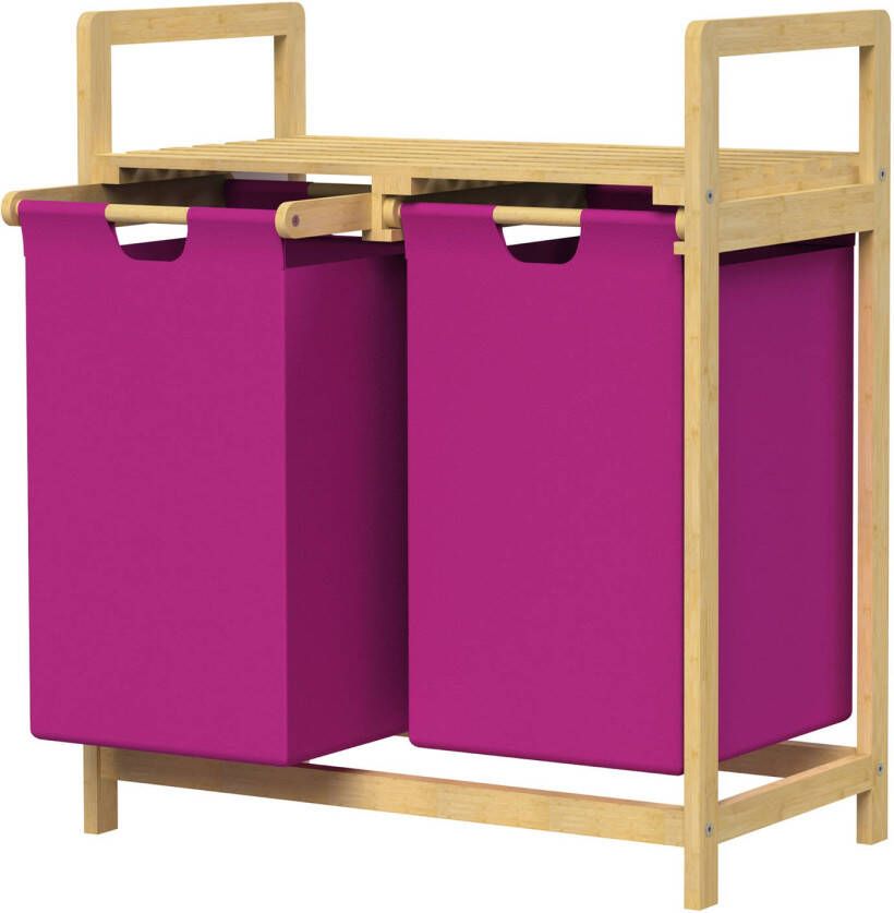 ML-Design Wasmand met twee uittrekbare waszakken Magenta 2x30 liter Frame van bamboehout