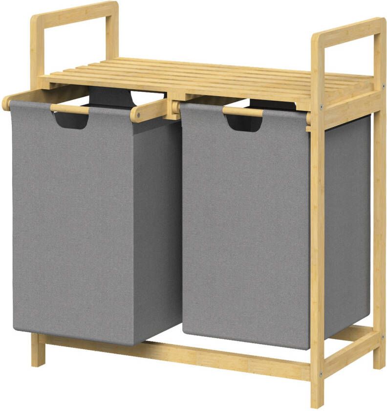 ML-Design Wasmand met twee uittrekbare waszakken Grijs 2x30 liter Frame van bamboehout