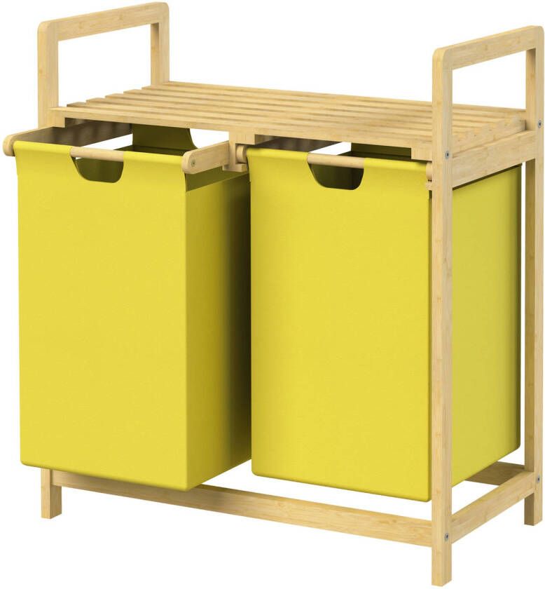 ML-Design Wasmand met twee uittrekbare waszakken geel 2x30 liter bamboe houten frame