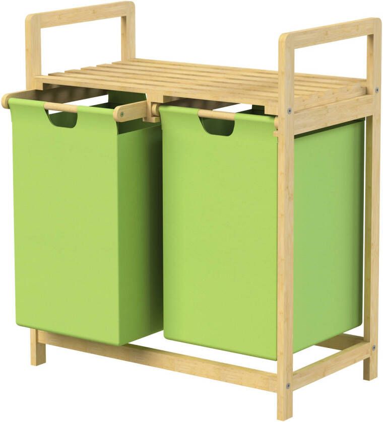 ML-Design Wasmand met twee uittrekbare waszakken Olive 2x30 liter Frame van bamboehout